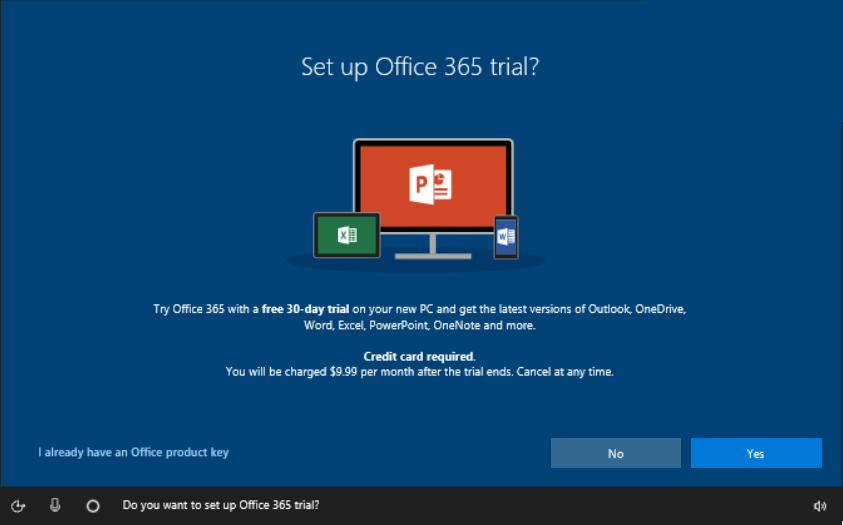 Configurar Office 365: pantalla de prueba en OOBE