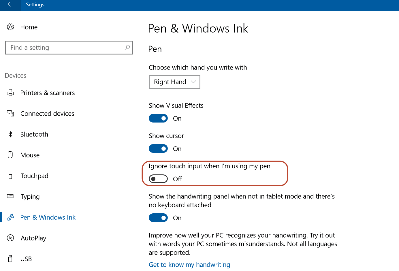 Captura de pantalla de la configuración de lápiz y Windows Ink