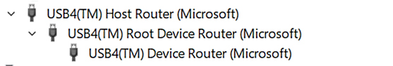 Captura de pantalla del Administrador de dispositivos de Windows, que muestra la vista de un enrutador host USB4 y un solo concentrador o dispositivo USB4 físico. Vea >Dispositivos por conexión