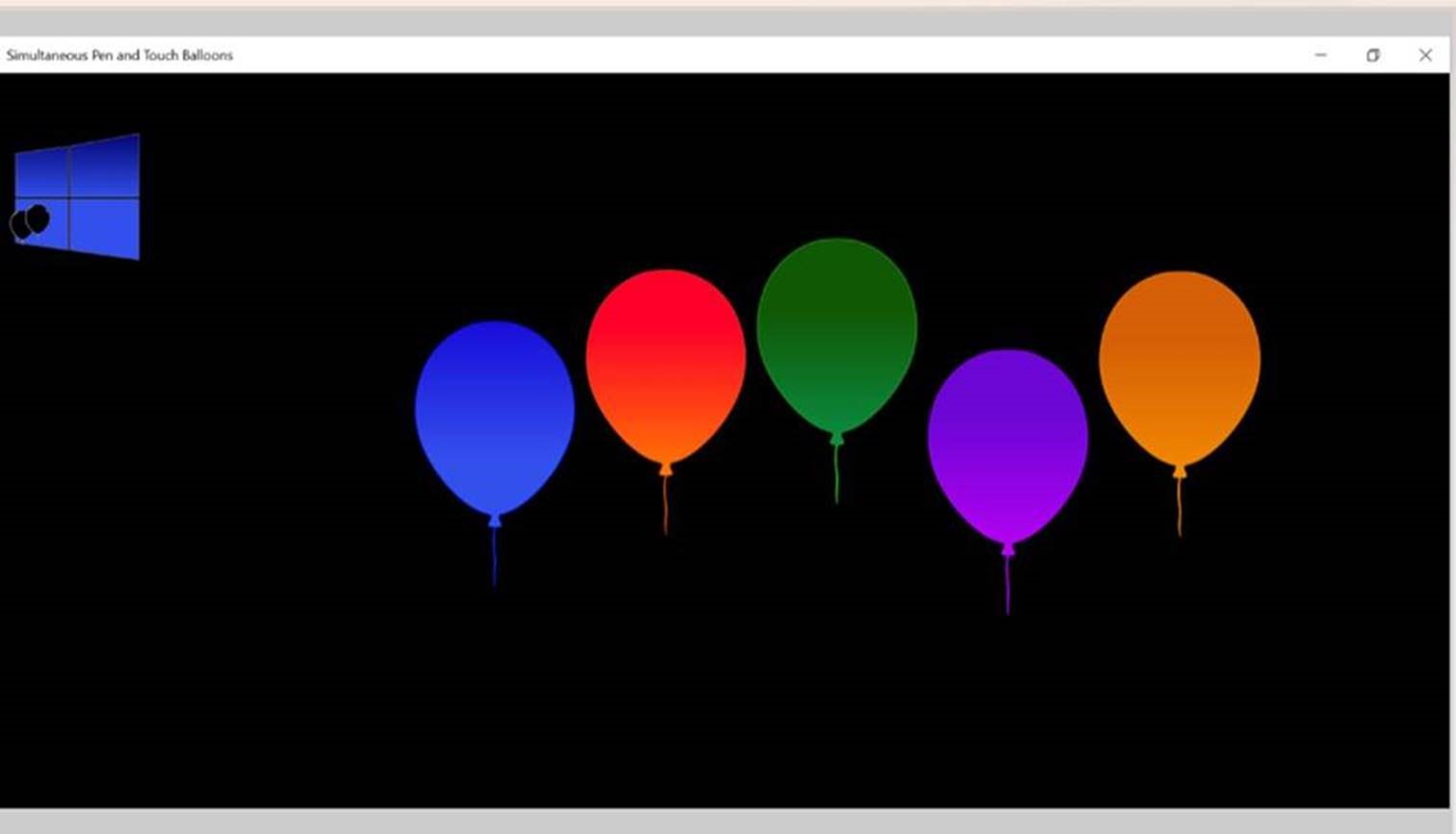 Captura de pantalla que muestra la aplicación de globos táctiles y lápiz simultáneos