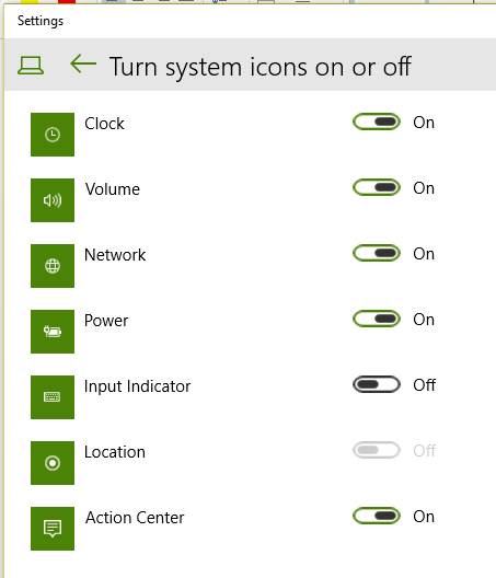 Activación o desactivación de los iconos del sistema