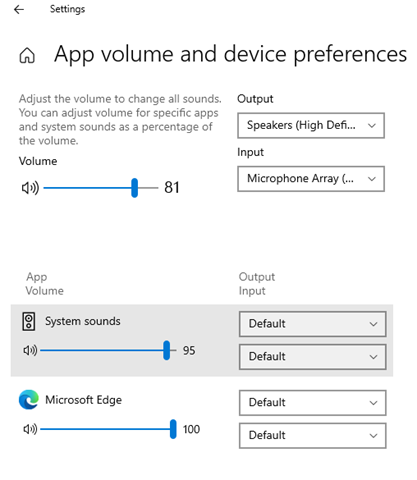 Captura de pantalla de la página De preferencias de dispositivo y volumen de aplicaciones en Windows 10.