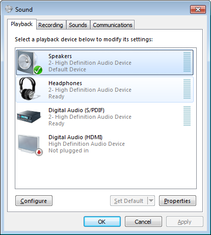 Captura de pantalla del cuadro de diálogo aplicación sound de Panel de control en Windows 7.