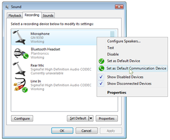 Captura de pantalla de la selección predeterminada del punto de conexión de audio en Panel de control aplicación Sound.