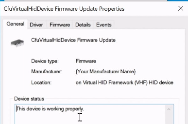 Ventana de propiedades de actualización de firmware de dispositivo hid virtual de cfu.