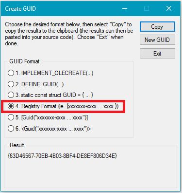 Imagen que muestra la pantalla de crear GUID en Visual Studio.