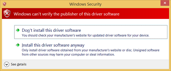 Captura de pantalla de advertencia de seguridad de Windows que indica que Windows no puede comprobar el publicador del software del controlador.