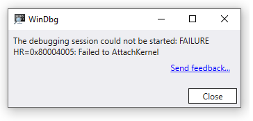 Cuadro de diálogo WinDbg en el que se muestra un error con HR 0x80004005.