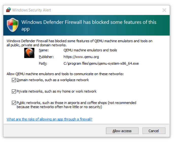 Cuadro de diálogo Firewall de Windows Defender con las tres opciones activadas.