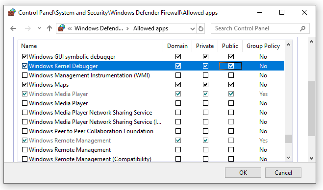 Captura de pantalla de configuración del firewall del Panel de control que muestra las aplicaciones el Depurador simbólico de GUI de Windows el Depurador de kernel de Windows con los tres tipos de red habilitados.