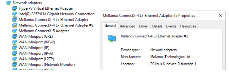 administrador de dispositivos que muestra el nodo de red con un nodo para el adaptador de red compatible con Windows KDNET 2PF.