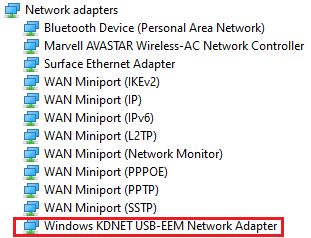 Captura de pantalla de Administrador de dispositivos que muestra el nodo de red con una entrada del adaptador de red USB-EEM de Windows KDNET.