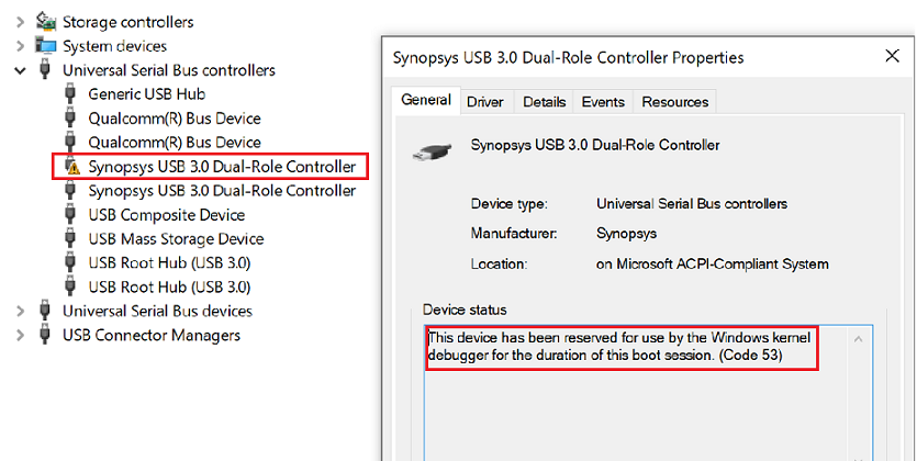 Captura de pantalla de Administrador de dispositivos que muestra el nodo USB con synopsys USB 3.0 Dual-Role Controller que indica que el controlador está reservado.