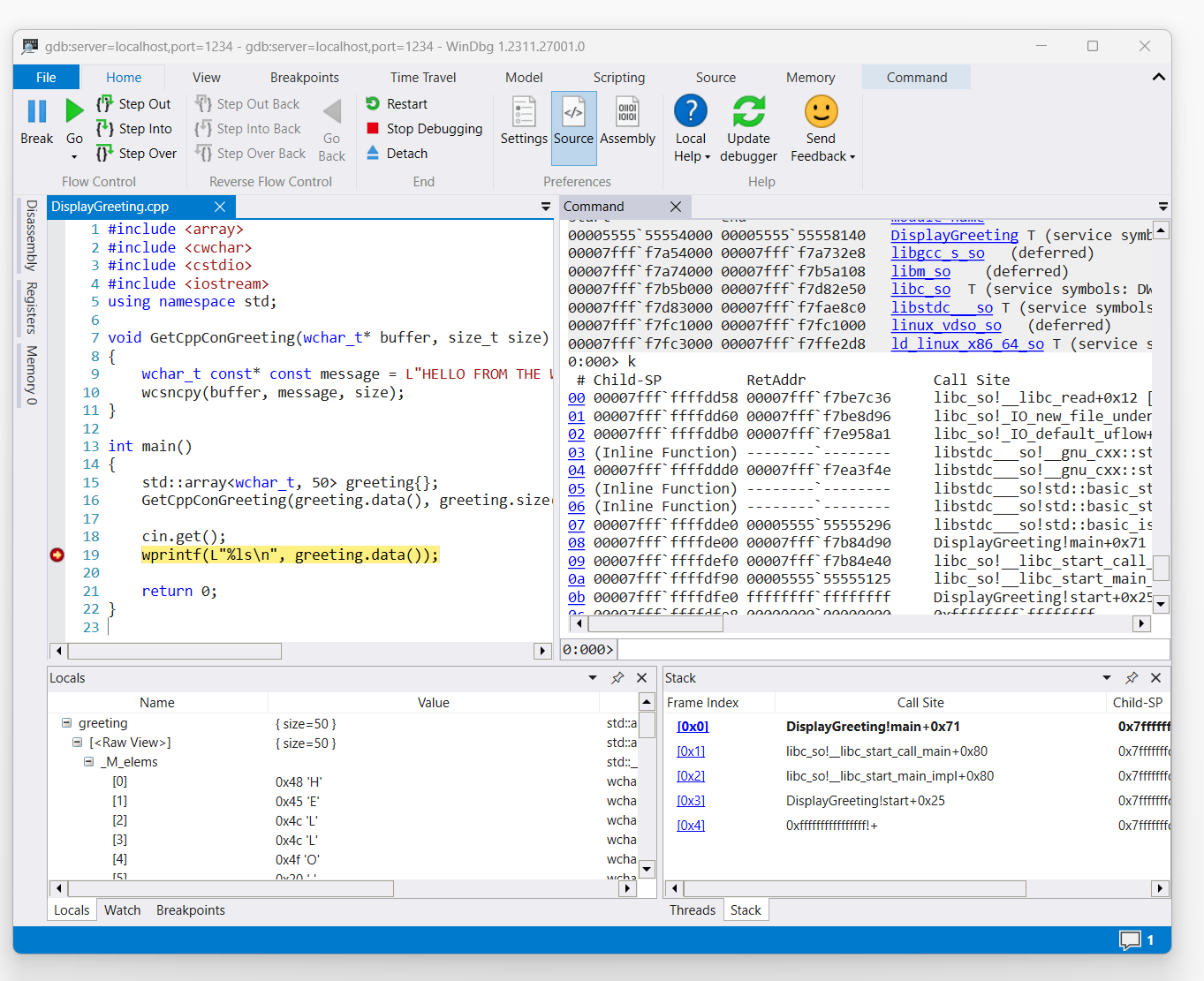 captura de pantalla del código de DisplayGreeting.cpp en WinDbg con punto de interrupción establecido en la línea 19, wprint