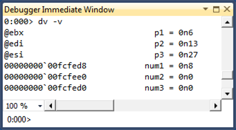 Captura de pantalla de la salida del comando que muestra las ubicaciones de parámetros y variables locales mediante el comando dv -v.