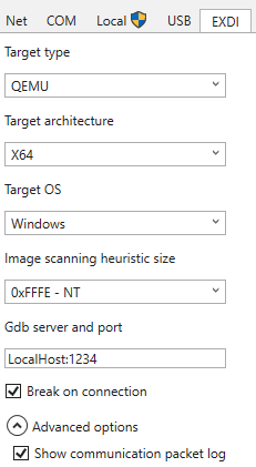 Interfaz de usuario de conexión del kernel exDI de Windbg, con las opciones de conexión mostradas, incluida la dirección IP y el puerto.