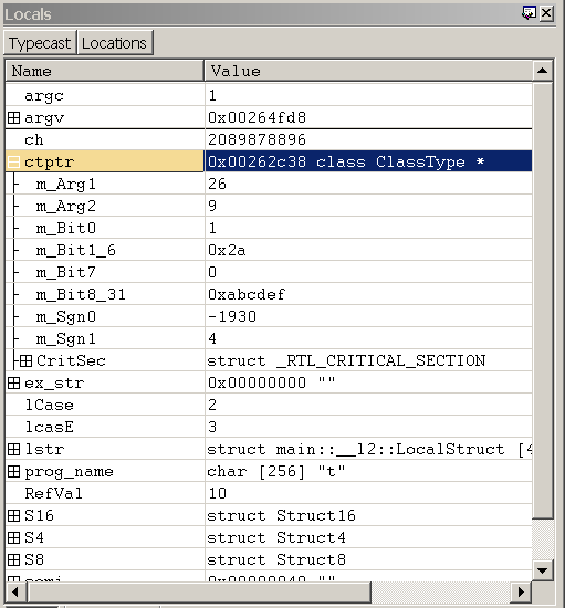 Captura de pantalla de la ventana Variables locales en WinDbg.