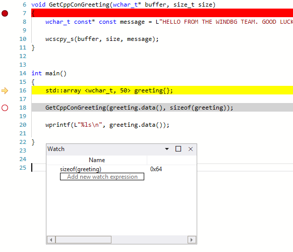 Captura de pantalla de WinDbg mostrando el código DisplayGreeting con una ventana Inspección de variables locales mostrando 0x64.