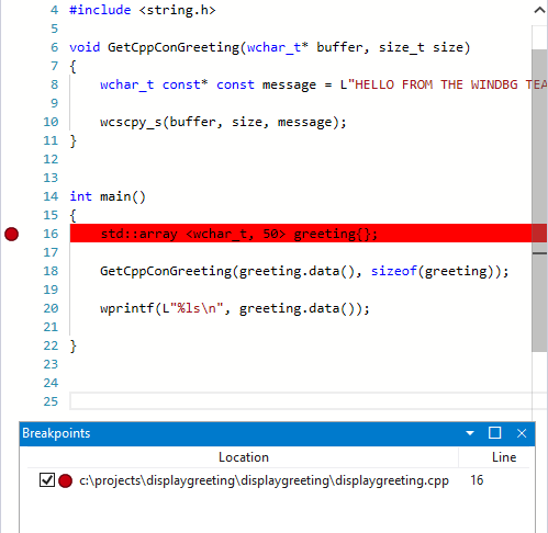 Captura de pantalla de la ventana Origen en WinDbg con un punto de interrupción establecido en std::array.