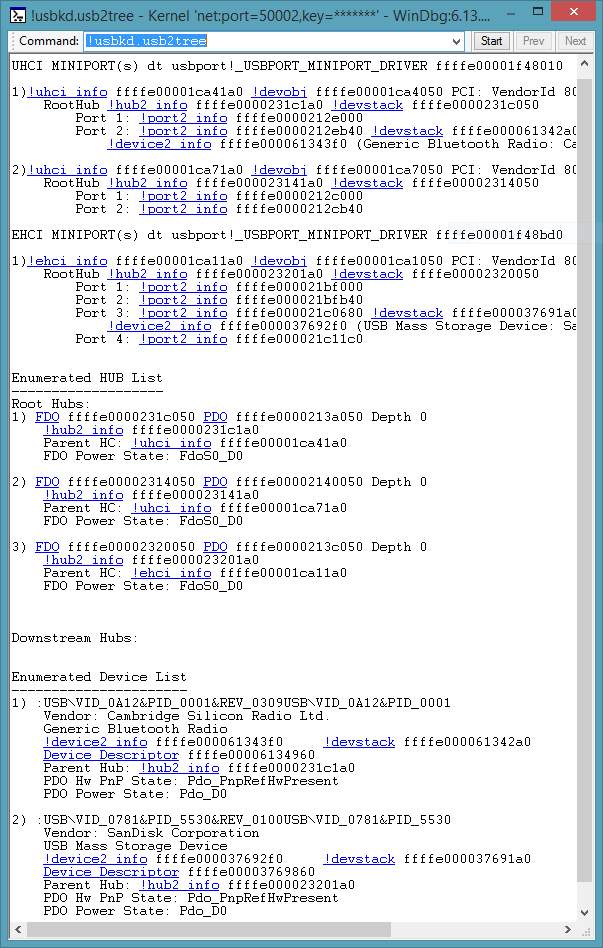 Captura de pantalla de la salida del comando !usbkd.usb2tree que muestra información UHCI, EHCI y una lista de concentradores enumerados.