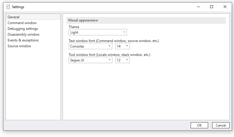 Captura de pantalla del menú de configuración de WinDbg que muestra la pestaña general.