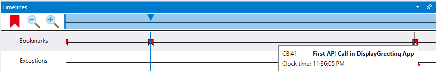 Captura de pantalla de la escala de tiempo de WinDbg con tres marcadores y una información sobre herramientas que muestra el nombre del marcador.