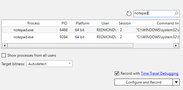 Captura de pantalla del menú de registro de procesos en WinDbg con un proceso del Bloc de notas seleccionado para la grabación.