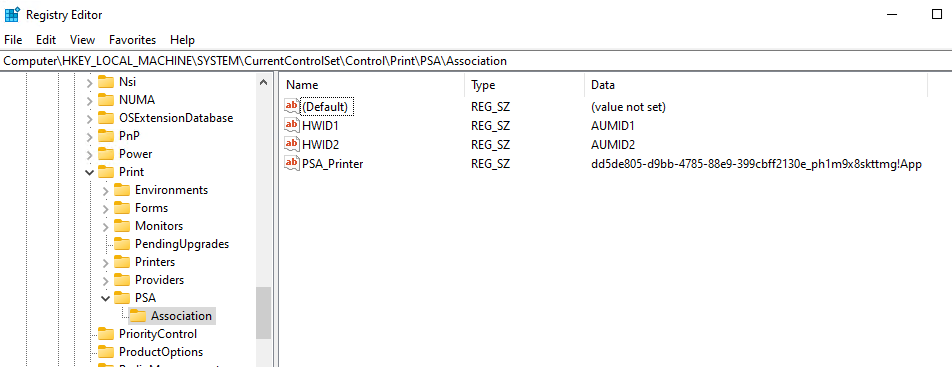 La clave de PSA en el Editor del Registro