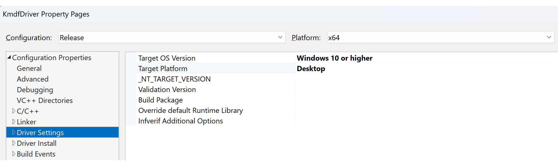 Configuración del controlador KMDF de Visual Studio.