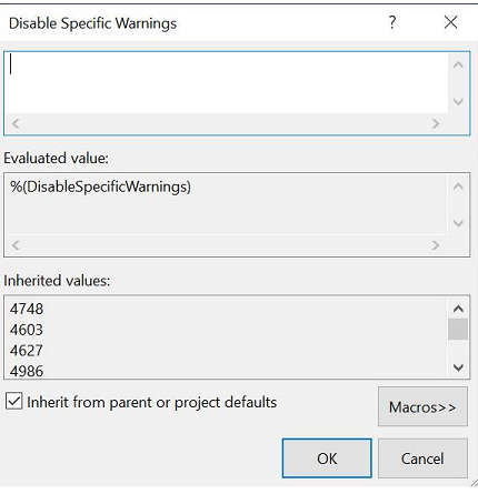 Captura de pantalla del cuadro de diálogo para deshabilitar advertencias específicas en Visual Studio 2019.