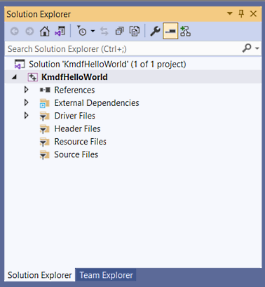 Captura de pantalla de la ventana del Explorador de soluciones de Visual Studio que muestra la solución y el proyecto de controlador vacío denominado KmdfHelloWorld.