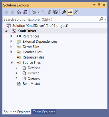 Captura de pantalla del Explorador de soluciones que muestra los archivos en el proyecto de controlador.