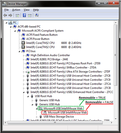 captura de pantalla de la ventana del administrador de dispositivos que muestra la topología devnode para un mouse usb.