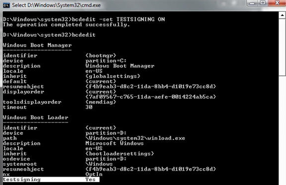 Captura de pantalla de los resultados del uso de testsigning, una opción de configuración de arranque.