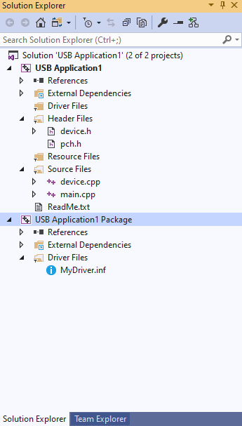 Explorador de soluciones de plantilla de winusb 2.