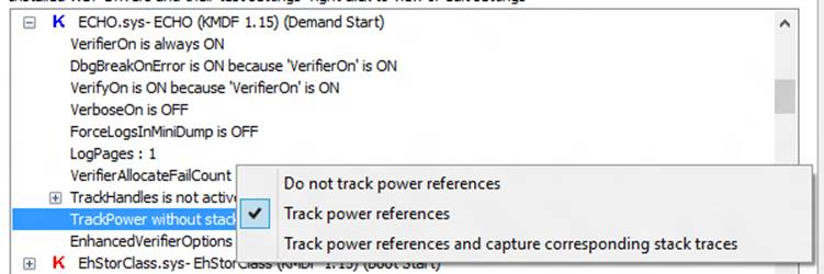 Captura de pantalla de la configuración de referencias de energía de seguimiento en WdfVerifier.