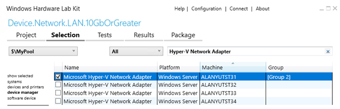 hlk que muestra 10gborgreater test with device selected (Prueba de 10gborgreater con el dispositivo seleccionado)