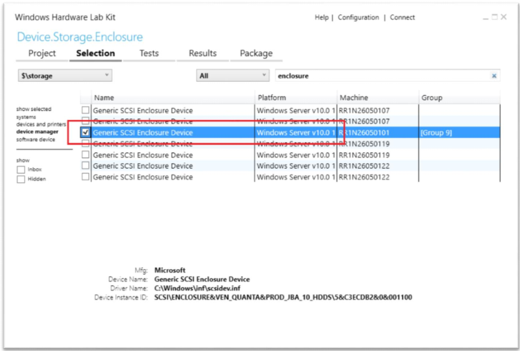 hlk Studio que muestra el dispositivo del gabinete de almacenamiento seleccionado.