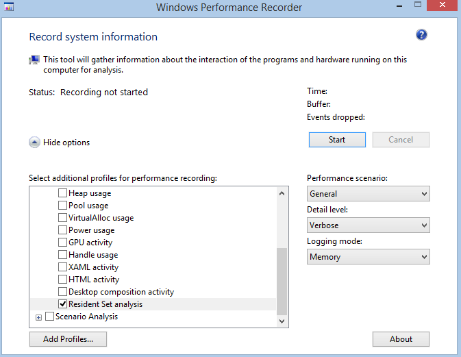 Captura de pantalla de la pantalla Registrar información del sistema de la consola de evaluación de Windows que muestra la grabación de estado no iniciada