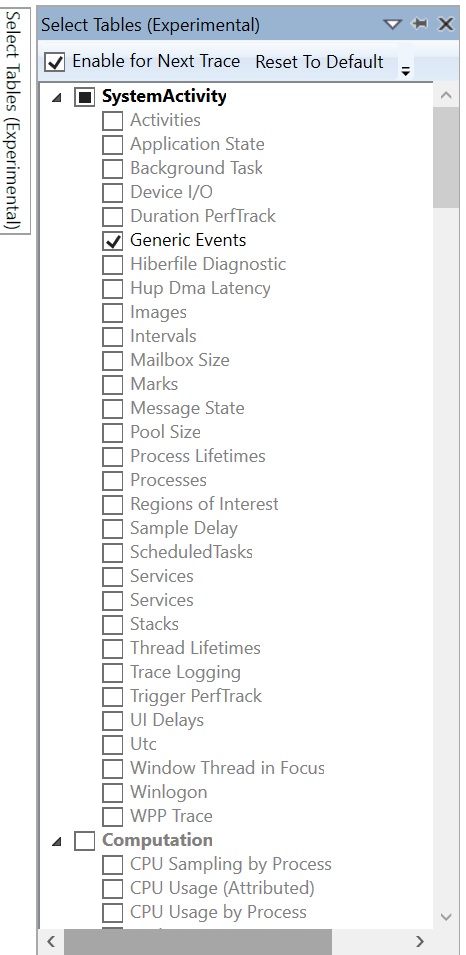 Cuadro de diálogo Select Tables del Analizador de rendimiento Windows únicamente con la tabla Generic Events activada en SystemActivity