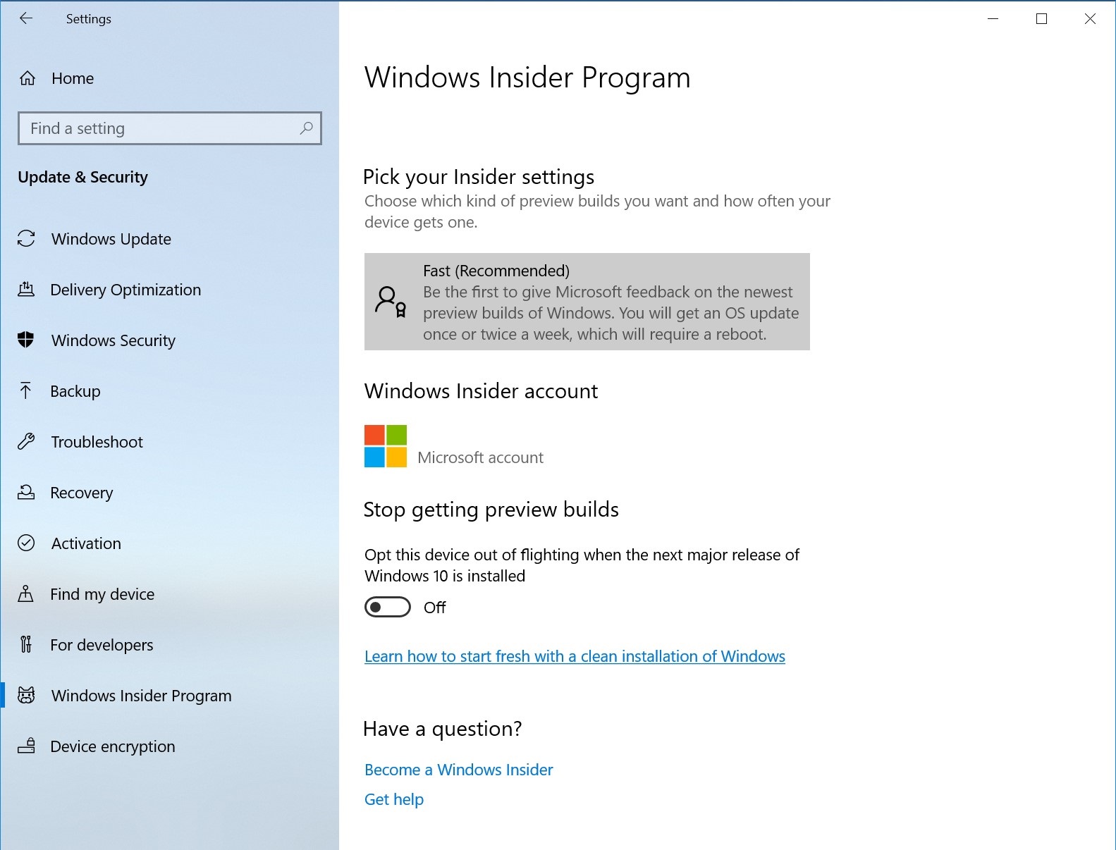 Una página de configuración del programa Windows Insider más sencilla.