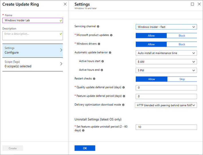 Intune actualizar la configuración del anillo