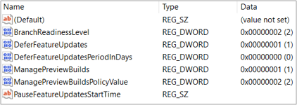 Captura de pantalla de los valores de Windows Update para empresas en Editor del Registro.