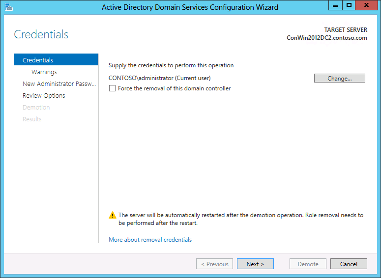 Captura de pantalla de la página Credenciales del Asistente de configuración de Active Directory Domain Services.