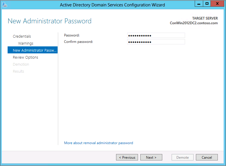 Captura de pantalla de la página Nueva contraseña de administrador del Asistente de configuración de Active Directory Domain Services.