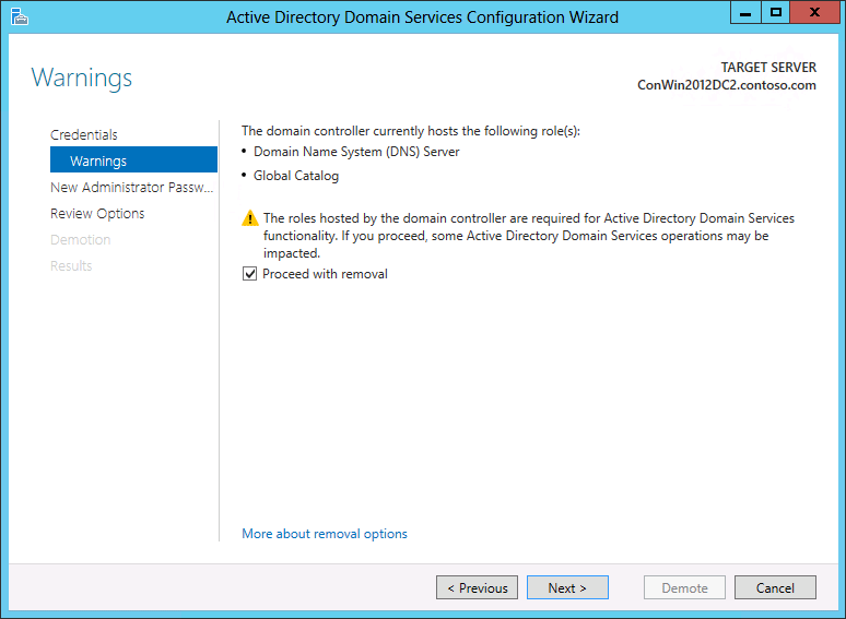 Captura de pantalla de la página Advertencias del Asistente de configuración de Active Directory Domain Services.