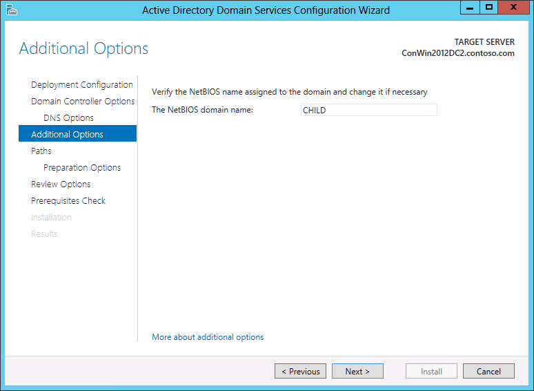 Captura de pantalla de la página Opciones adicionales del Asistente para configuración de Active Directory Domain Services que muestra las opciones que aparecen si se crea un dominio.