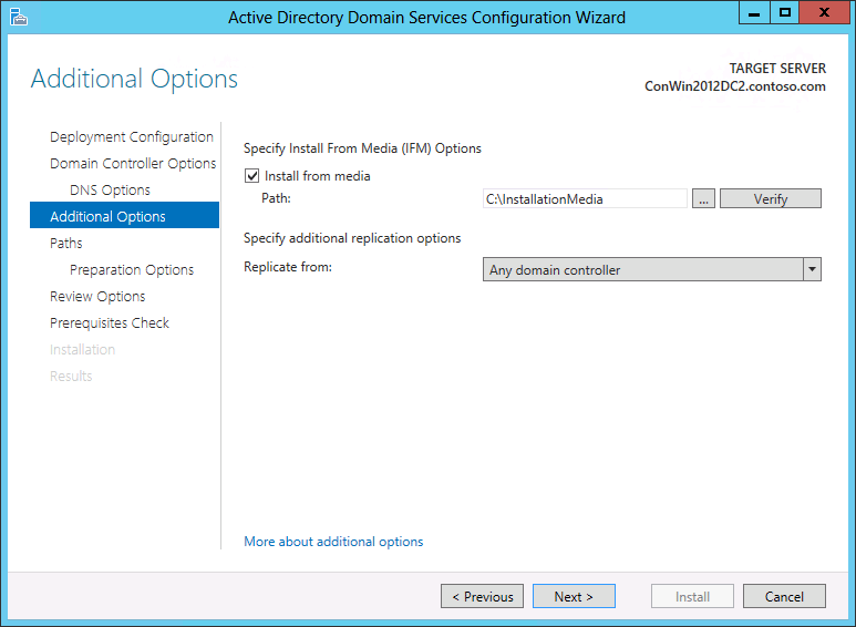 Captura de pantalla de la página Opciones adicionales del Asistente para configuración de Active Directory Domain Services que muestra las opciones que aparecen si se instala un controlador de dominio adicional en un dominio existente.