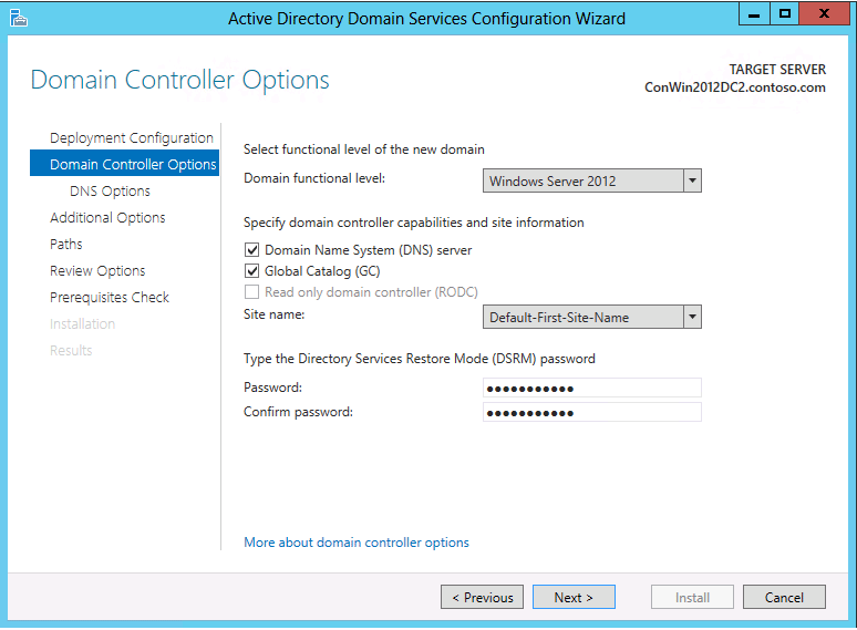 Captura de pantalla de la página Opciones de controlador de dominio del Asistente para configuración de Active Directory Domain Services que muestra las opciones que aparecen cuando se crea un dominio secundario.