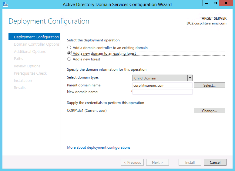 Captura de pantalla de la página Configuración de implementación del Asistente para configuración de Active Directory Domain Services que muestra las opciones que aparecen cuando se crea un dominio.